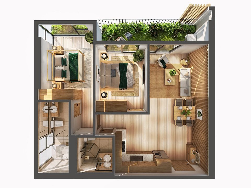 thiết kế căn hộ 2 ngủ góc sky forest ecopark