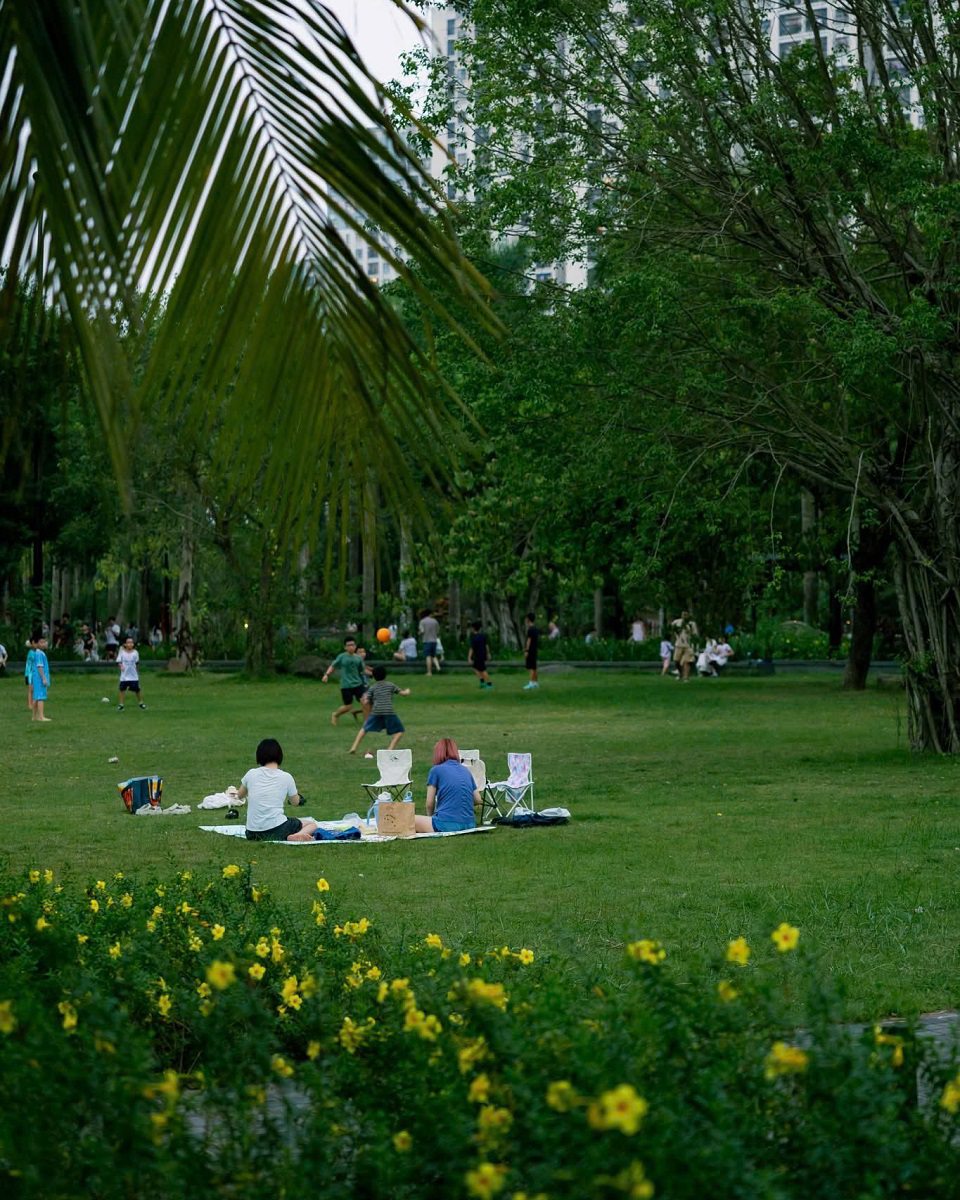 trẻ con nô đùa giữa thảm cỏ xanh ecopark